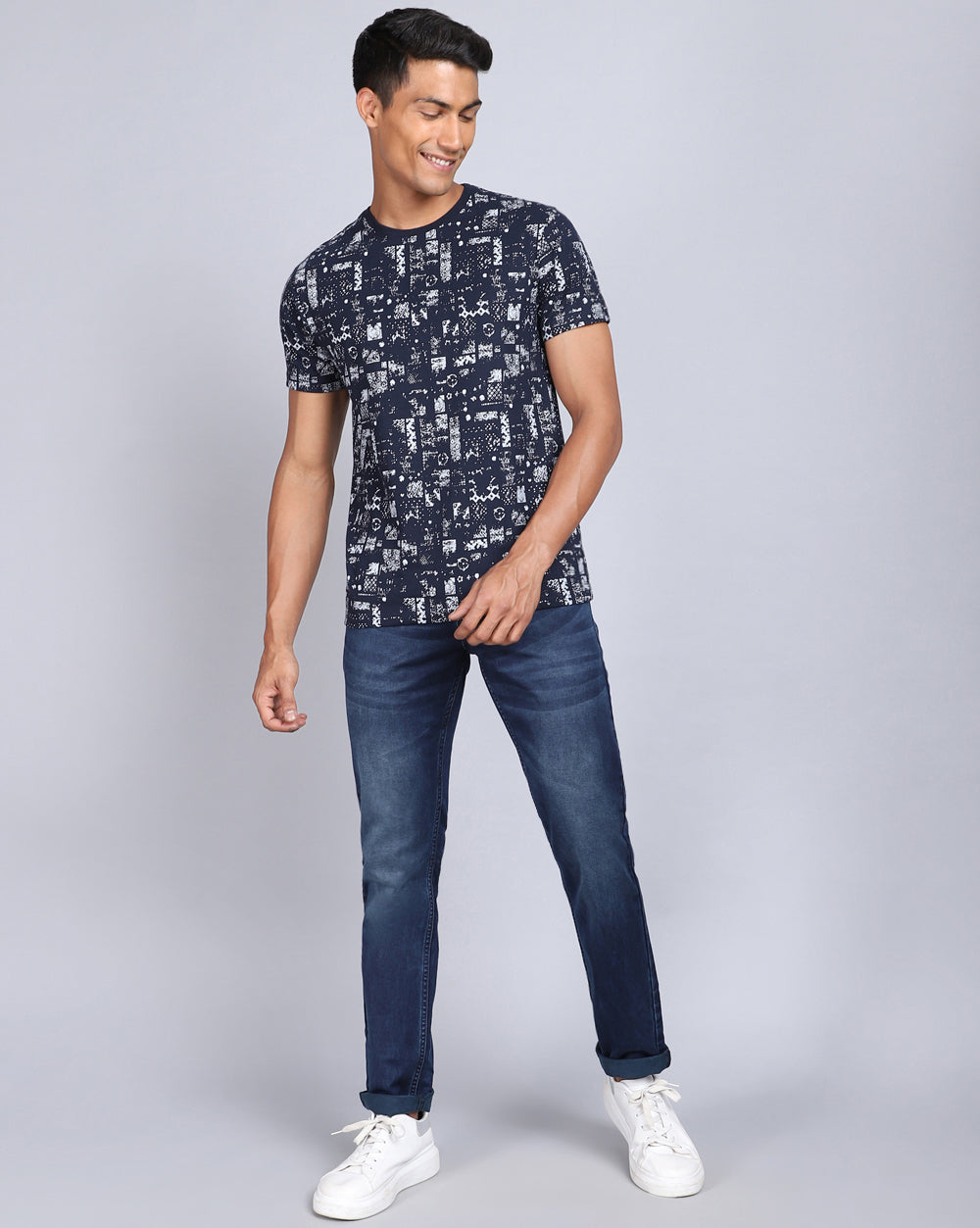 Crew Neck Aop T-Shirt-Navy,White