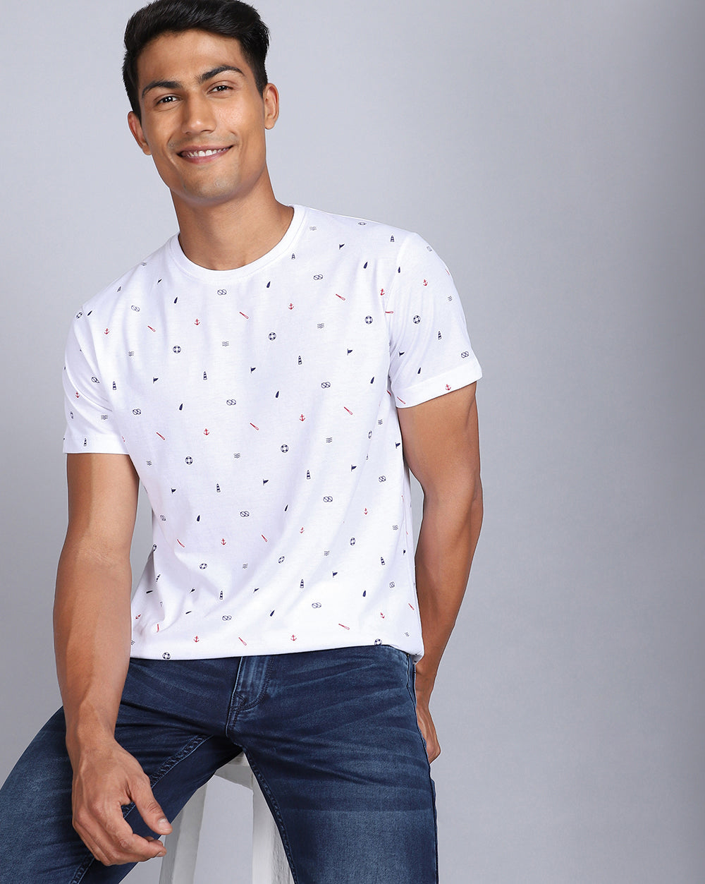Crew Neck Aop T-Shirt-Navy,White
