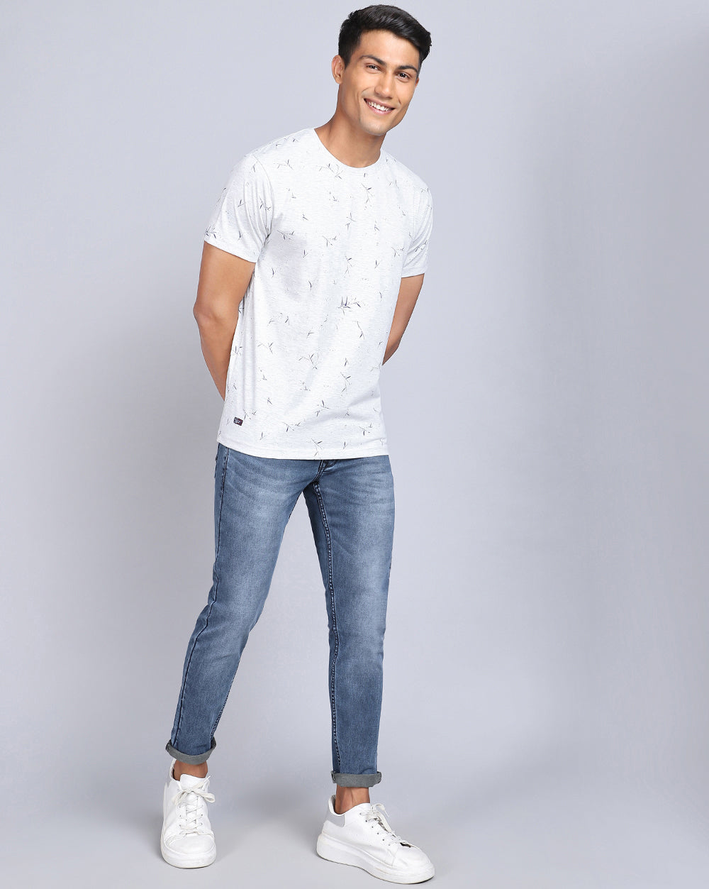 Crew Neck Aop T-Shirt-Grey Melange,Navy Melange