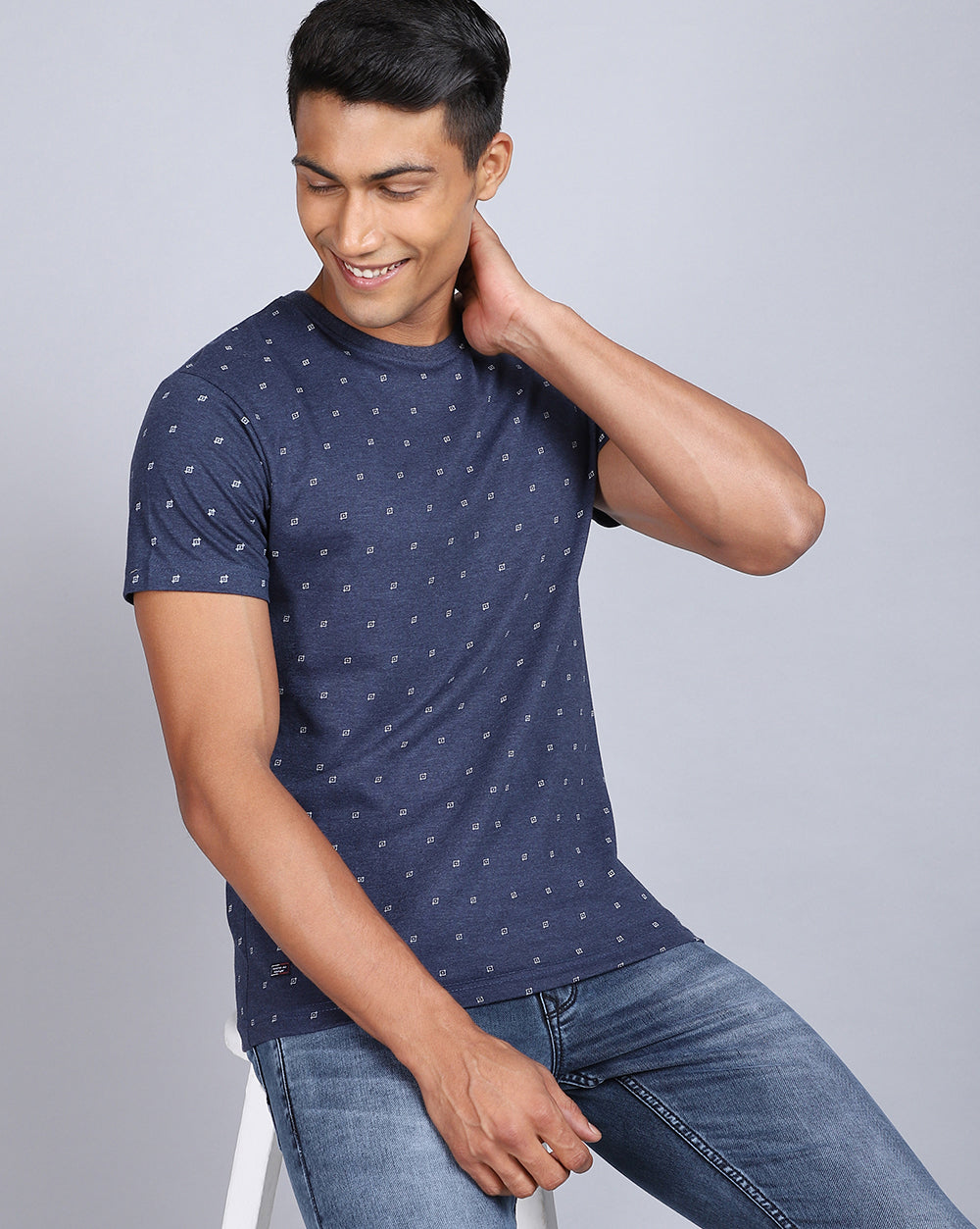 Crew Neck Aop T-Shirt-Grey Melange,Navy Melange