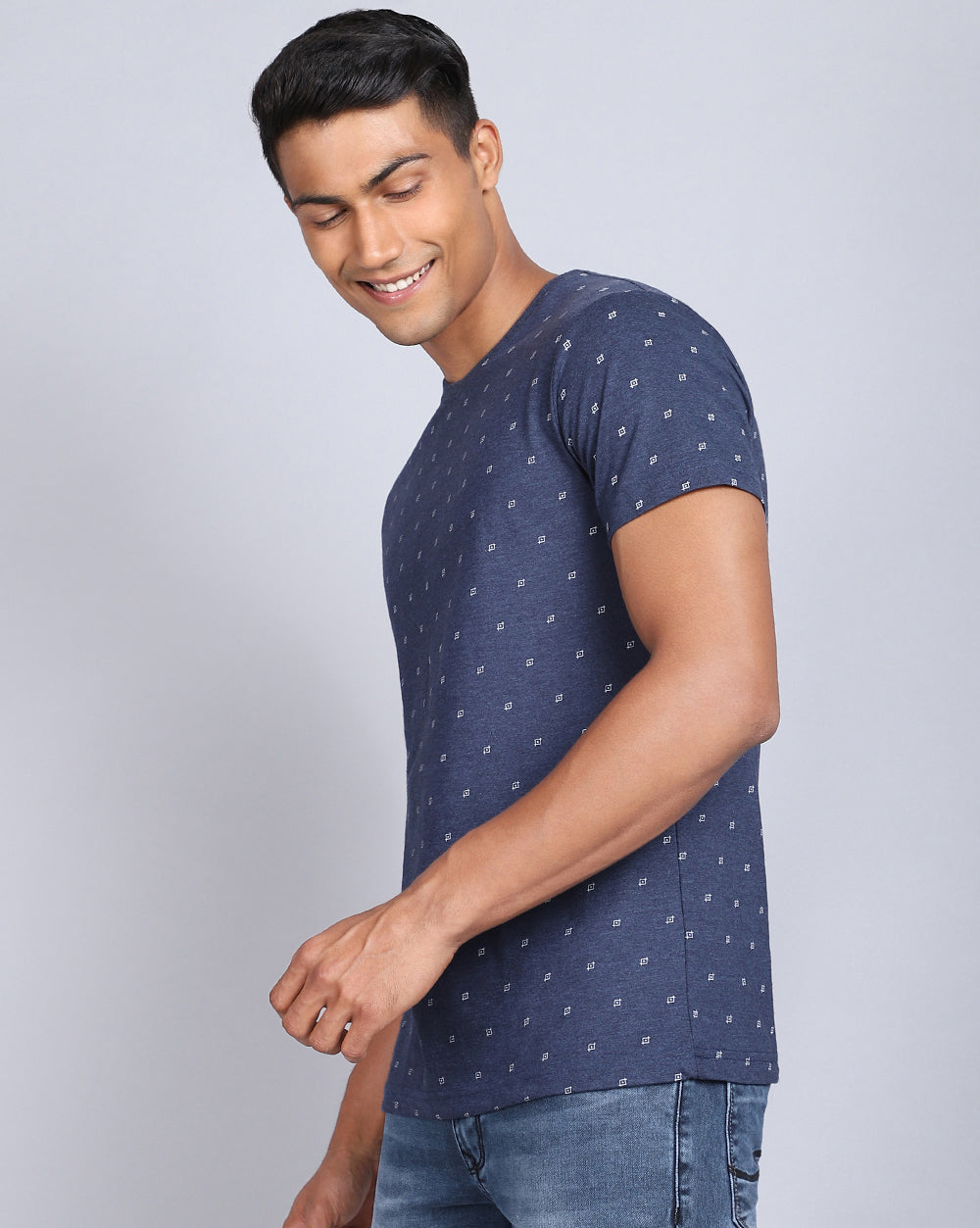 Crew Neck Aop T-Shirt-Grey Melange,Navy Melange