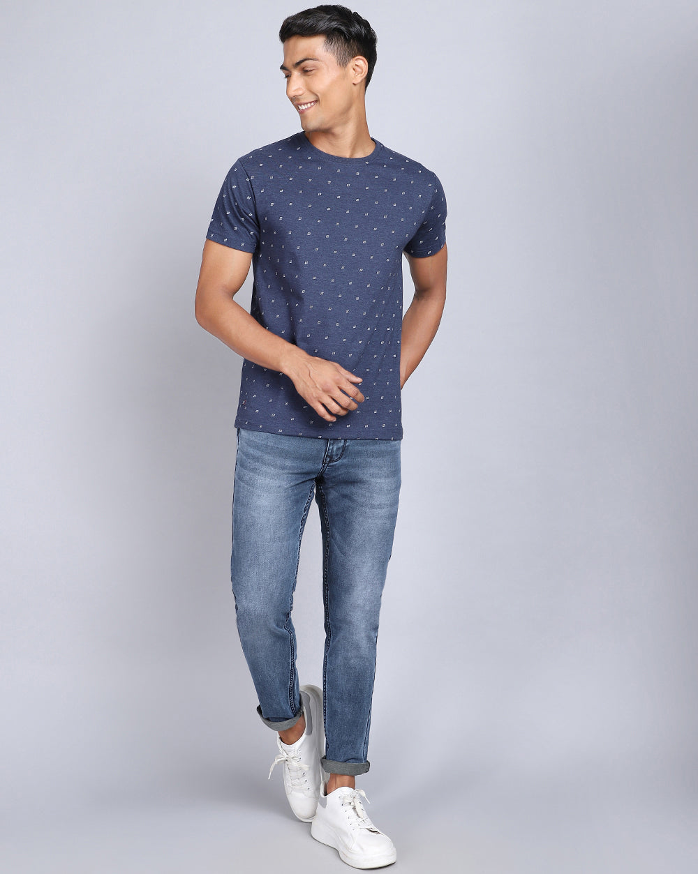 Crew Neck Aop T-Shirt-Grey Melange,Navy Melange