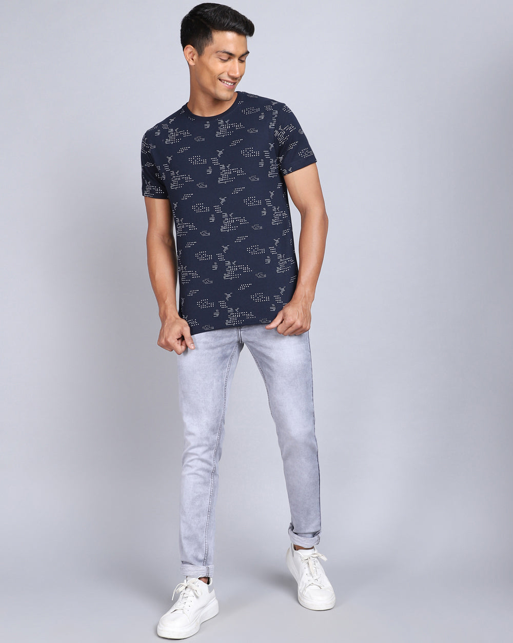 Crew Neck Aop T-Shirt-Black,Navy Blue