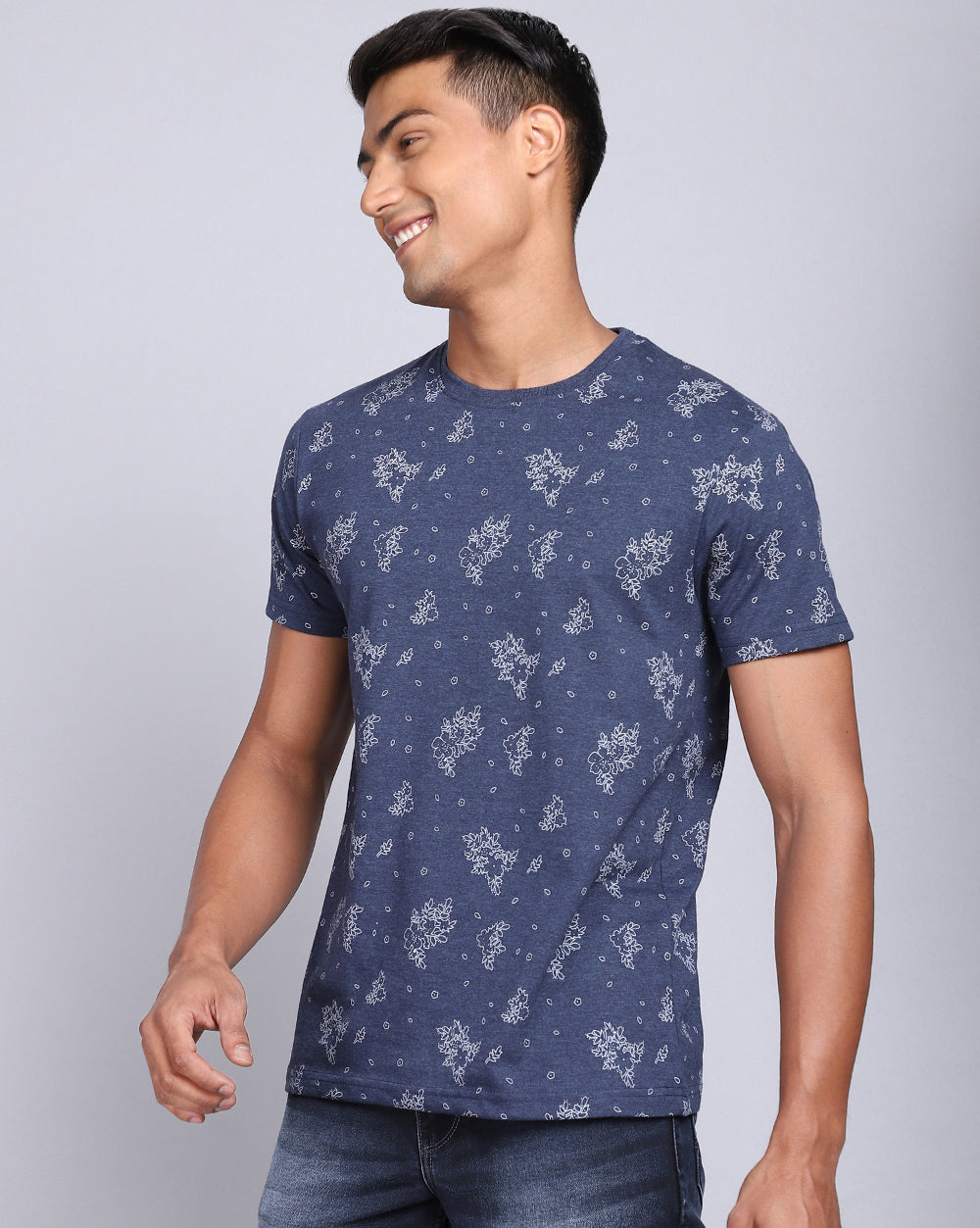 Crew Neck Aop T-Shirt-Navy Melange,Atra Melange
