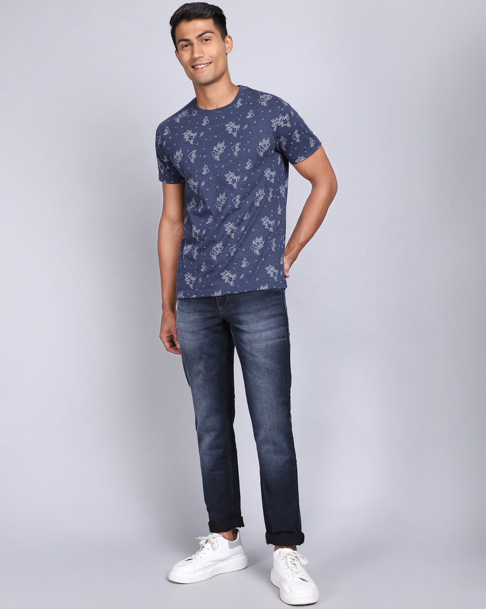 Crew Neck Aop T-Shirt-Navy Melange,Atra Melange