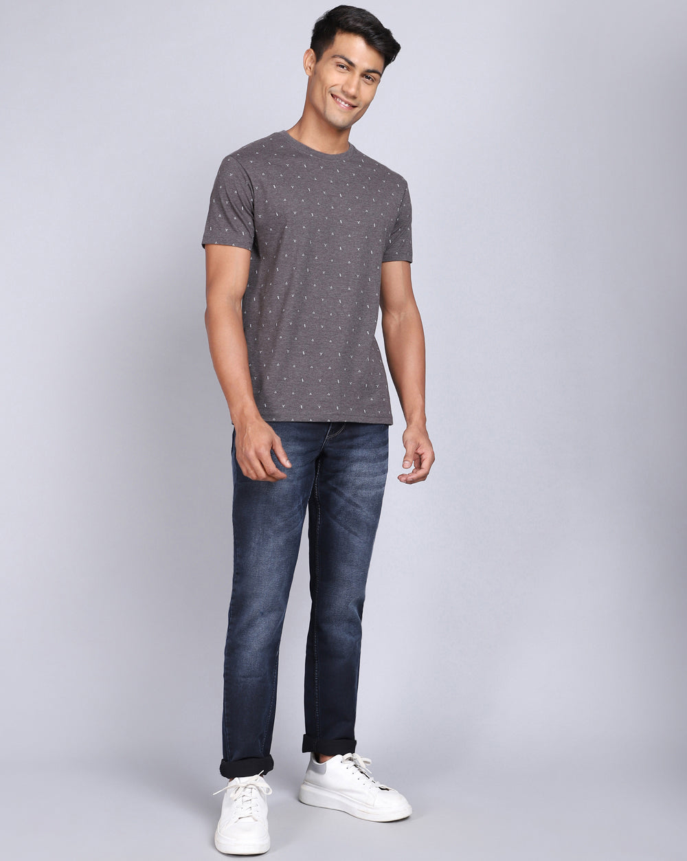 Crew Neck Aop T-Shirt-Navy Melange,Atra Melange