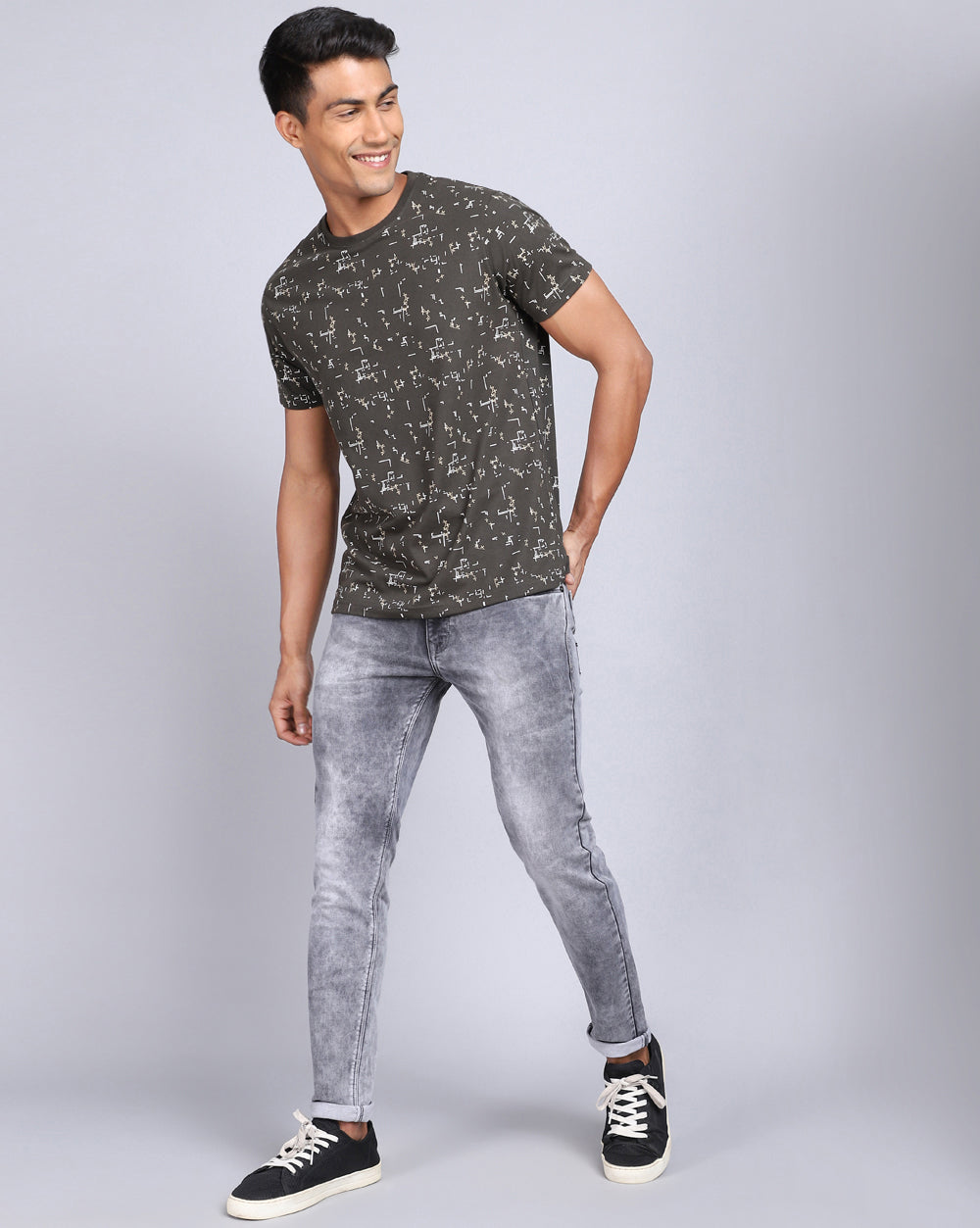 Crew Neck Aop T-Shirt-Black,Olive