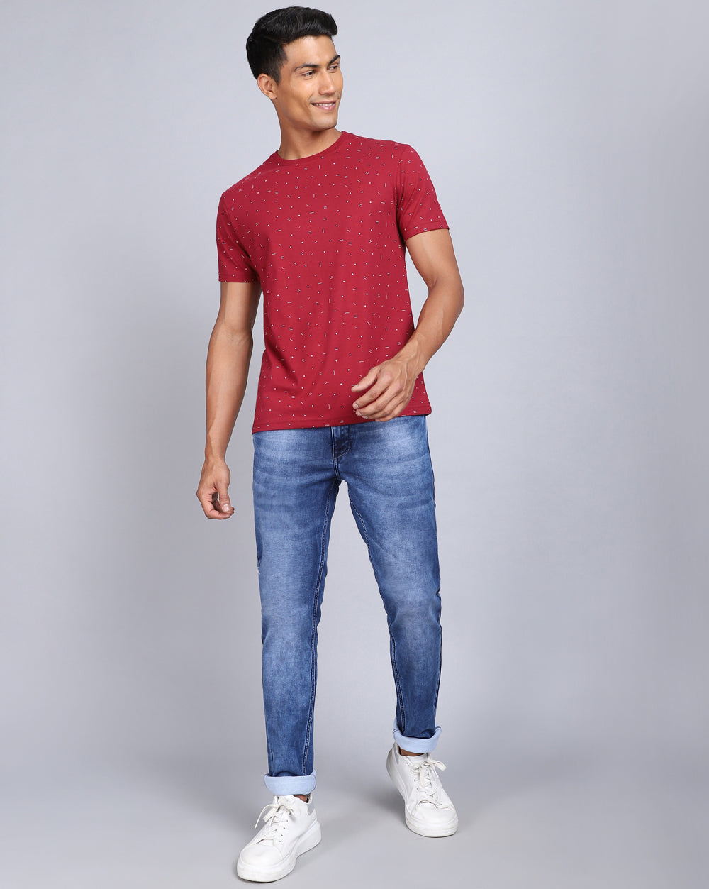 Crew Neck Aop T-Shirt-Red Melange,Navy Blue