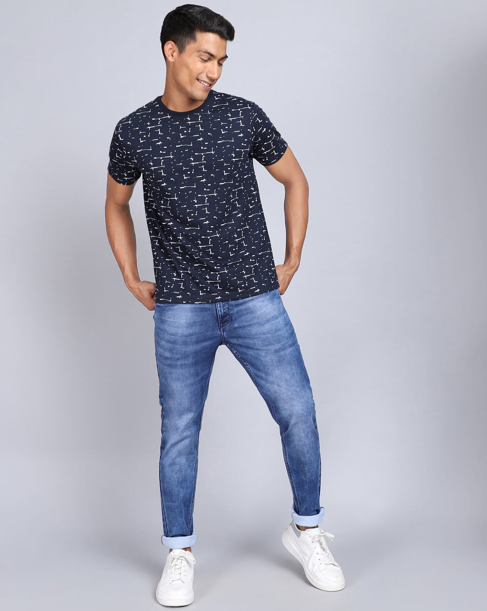 Crew Neck Aop T-Shirt-Red Melange,Navy Blue