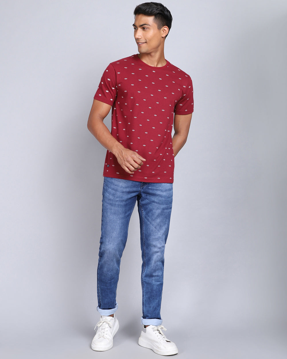 Crew Neck Aop T-Shirt-Red Melange,Navy Melange