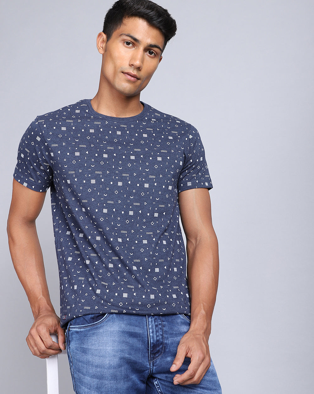 Crew Neck Aop T-Shirt-Red Melange,Navy Melange