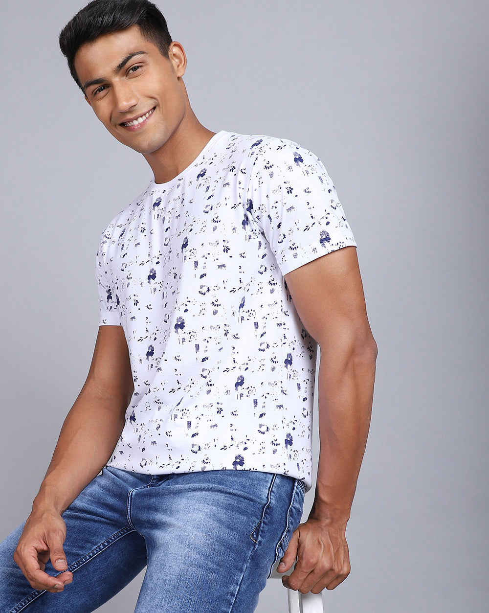 Crew Neck Aop T-Shirt-White,Navy Blue