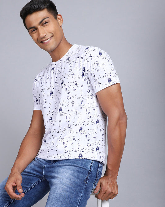 Crew Neck Aop T-Shirt-White,Navy Blue