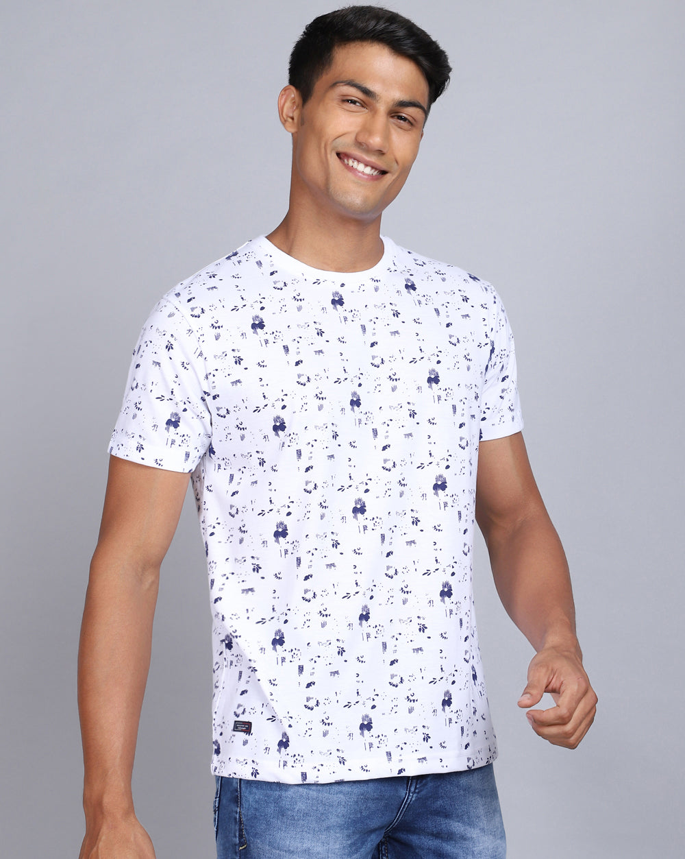 Crew Neck Aop T-Shirt-White,Navy Blue