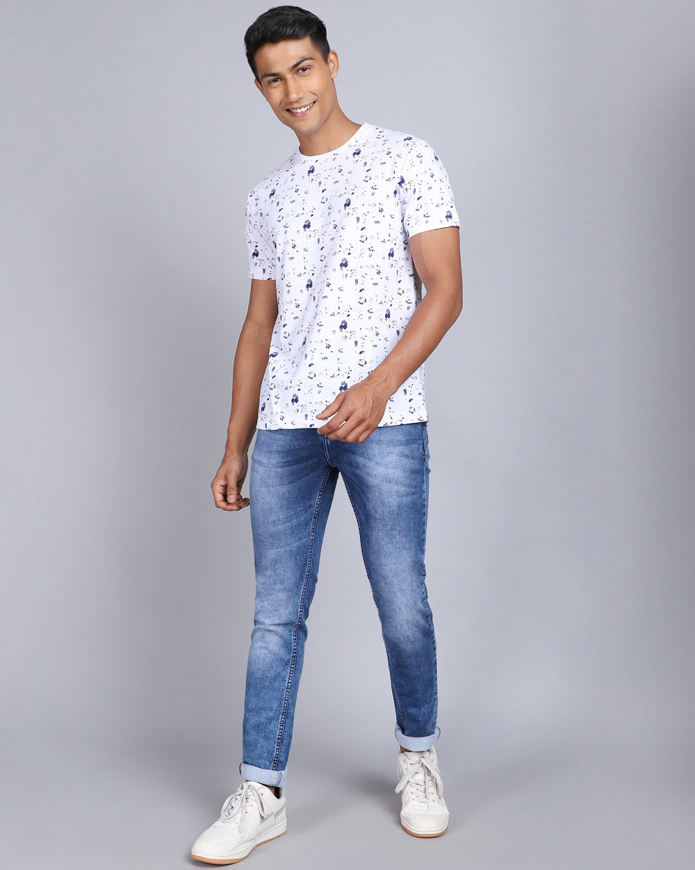 Crew Neck Aop T-Shirt-White,Navy Blue