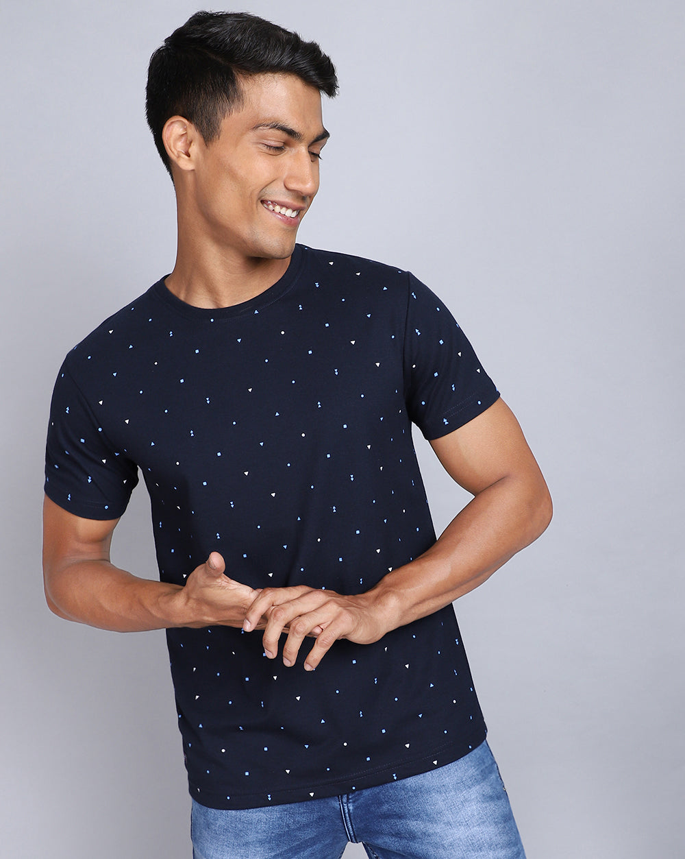 Crew Neck Aop T-Shirt-White,Navy Blue