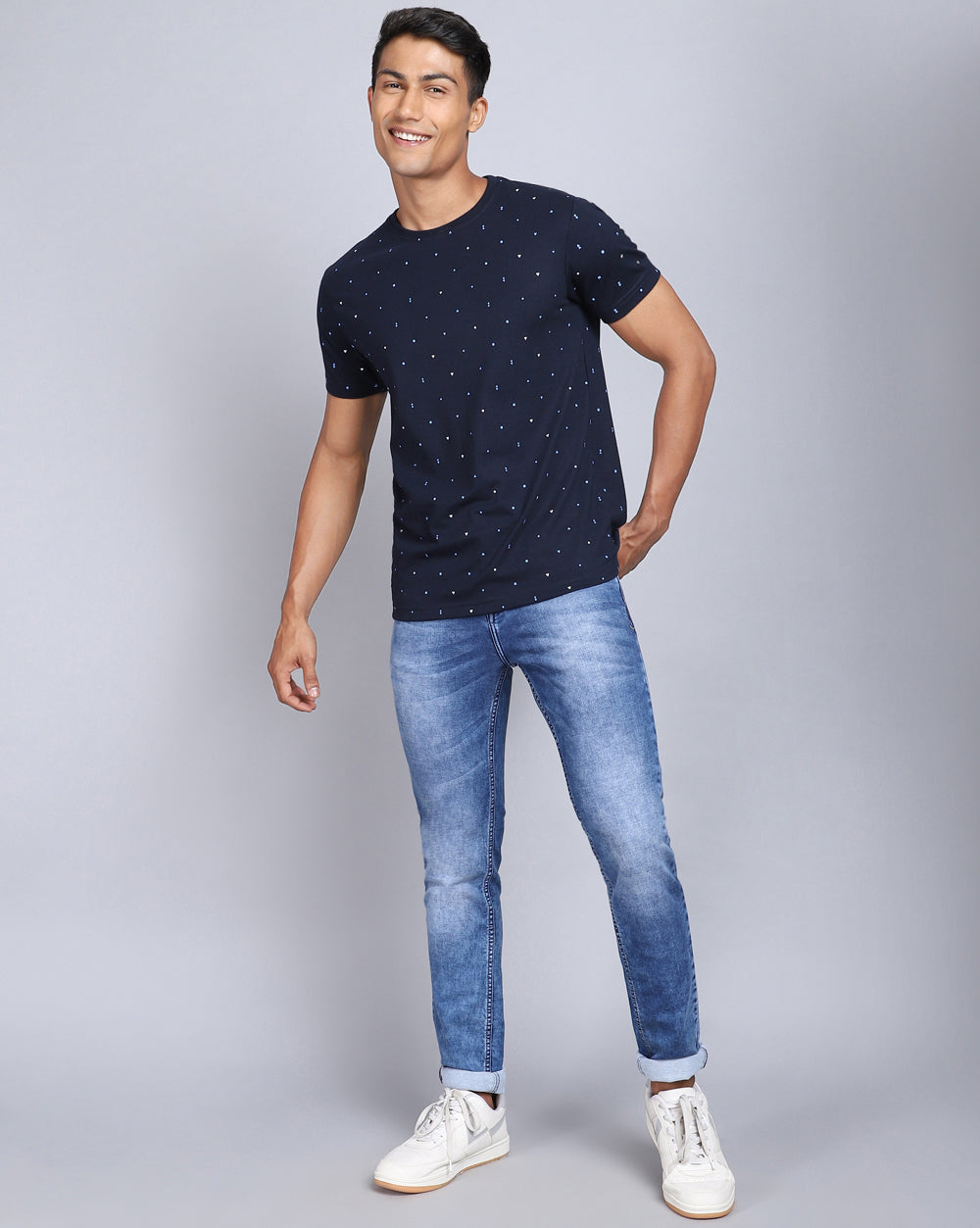 Crew Neck Aop T-Shirt-White,Navy Blue