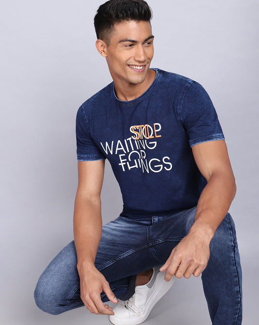 Crew Neck Chest Printed T-Shirt-Blue Indigo