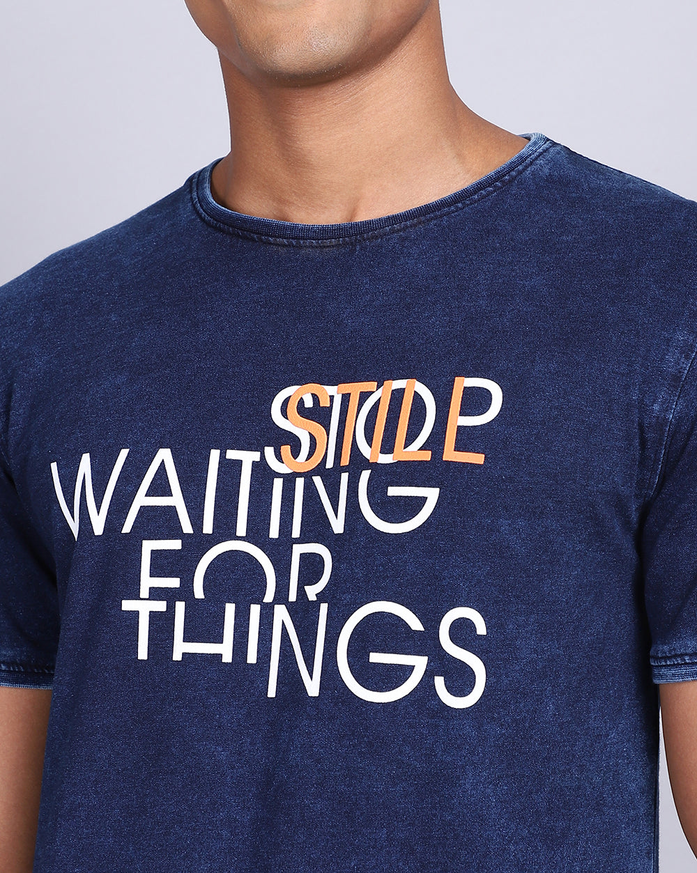 Crew Neck Chest Printed T-Shirt-Blue Indigo