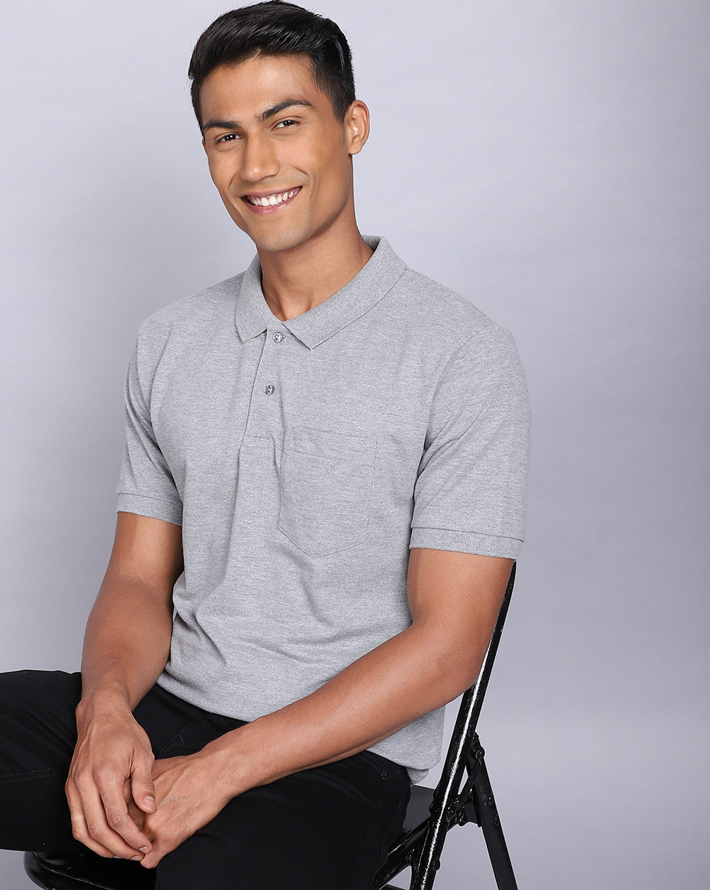 Regular Fit 2 Button Polo T-Shirt-Grey Melange