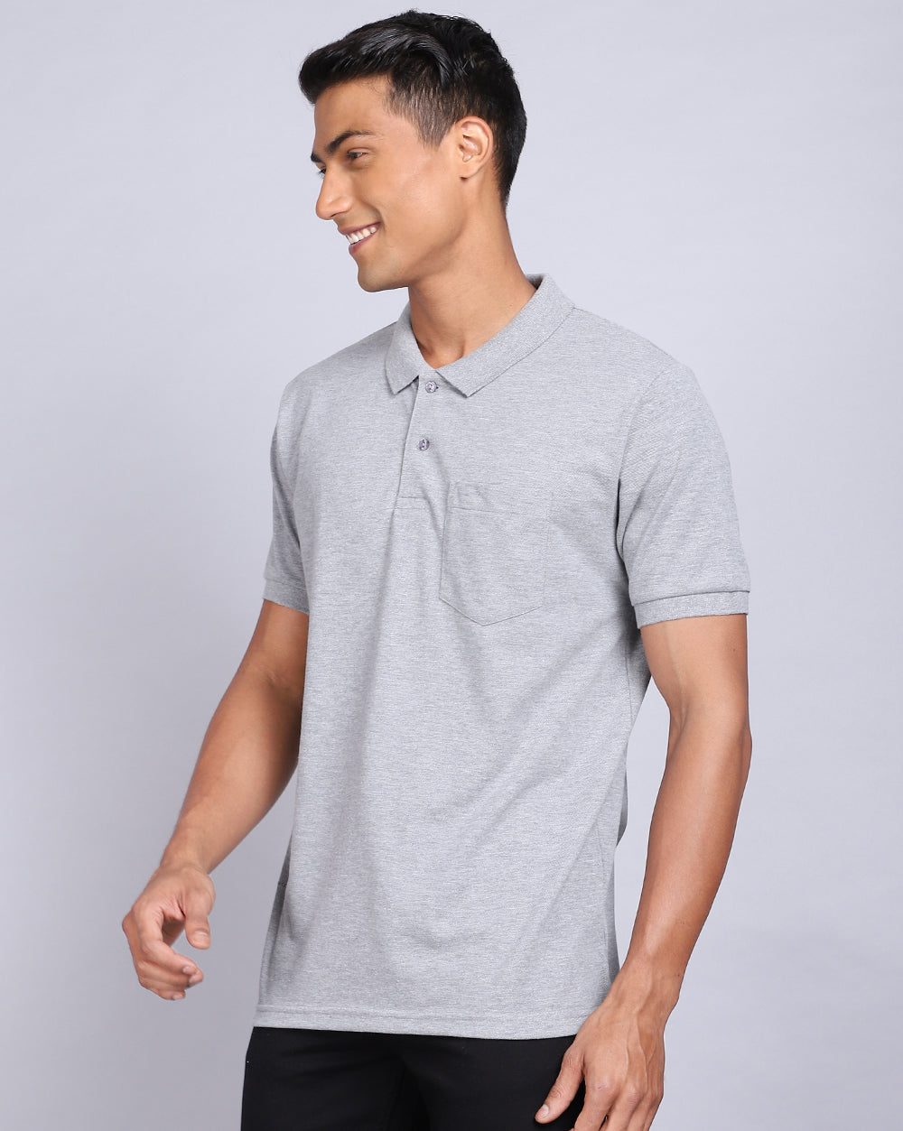 Regular Fit 2 Button Polo T-Shirt-Grey Melange