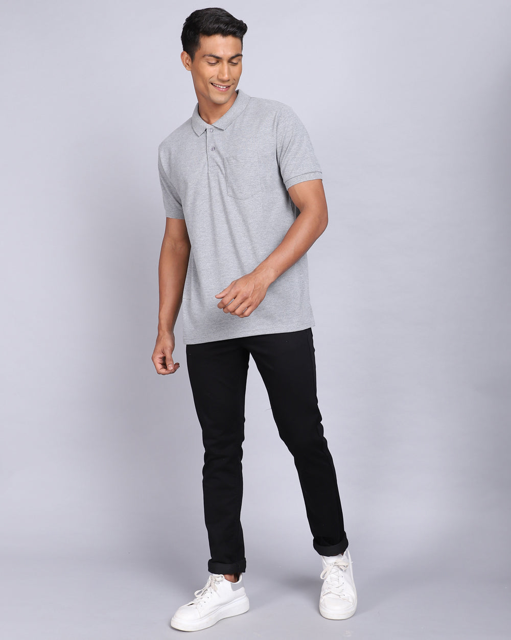 Regular Fit 2 Button Polo T-Shirt-Grey Melange