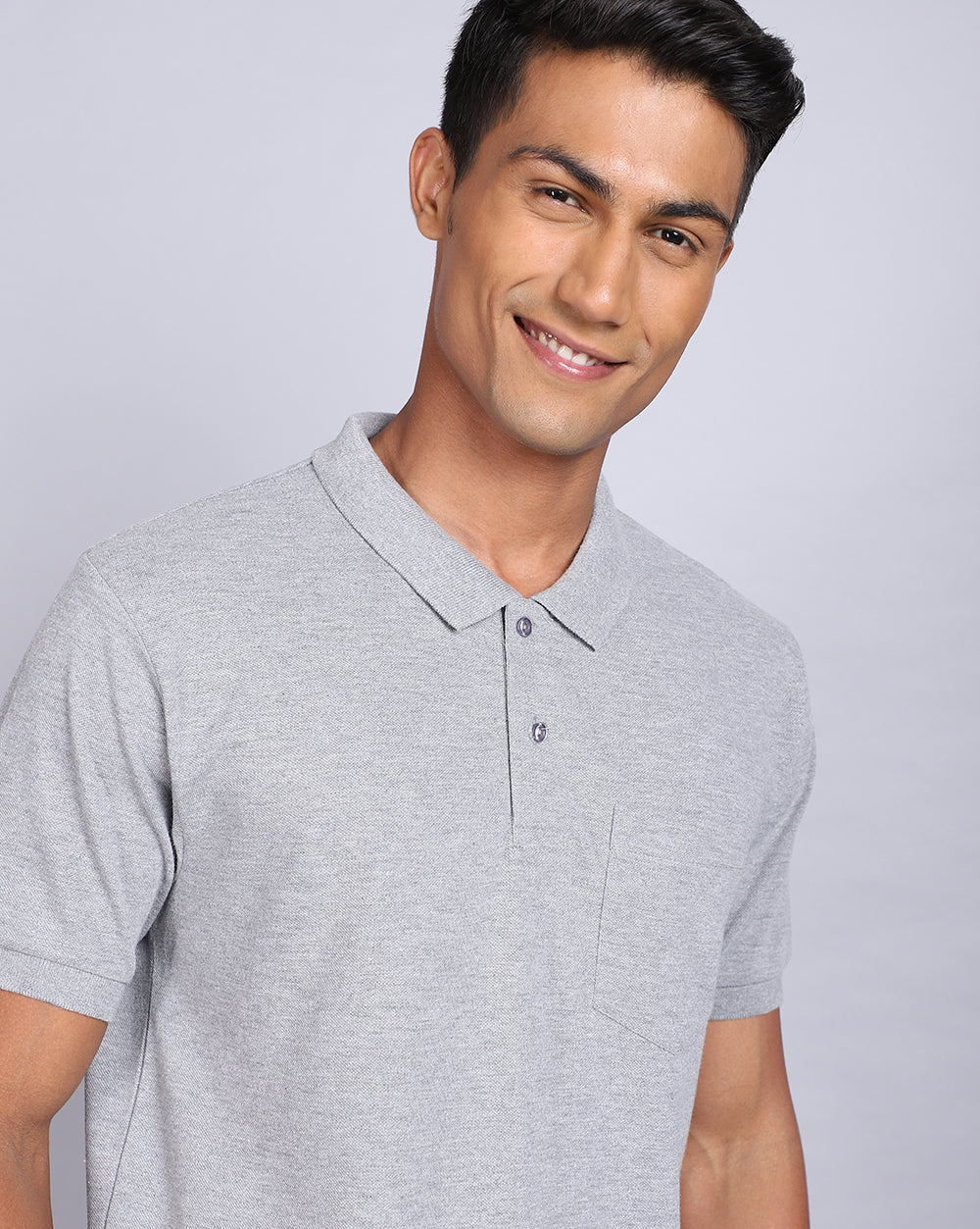 Regular Fit 2 Button Polo T-Shirt-Grey Melange