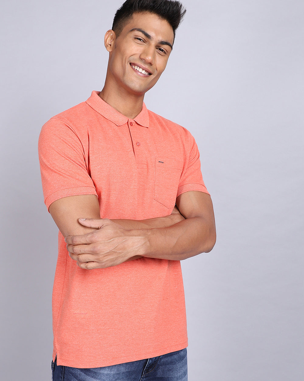 Regular Fit 2 Button Polo T-Shirt-Orange Melange