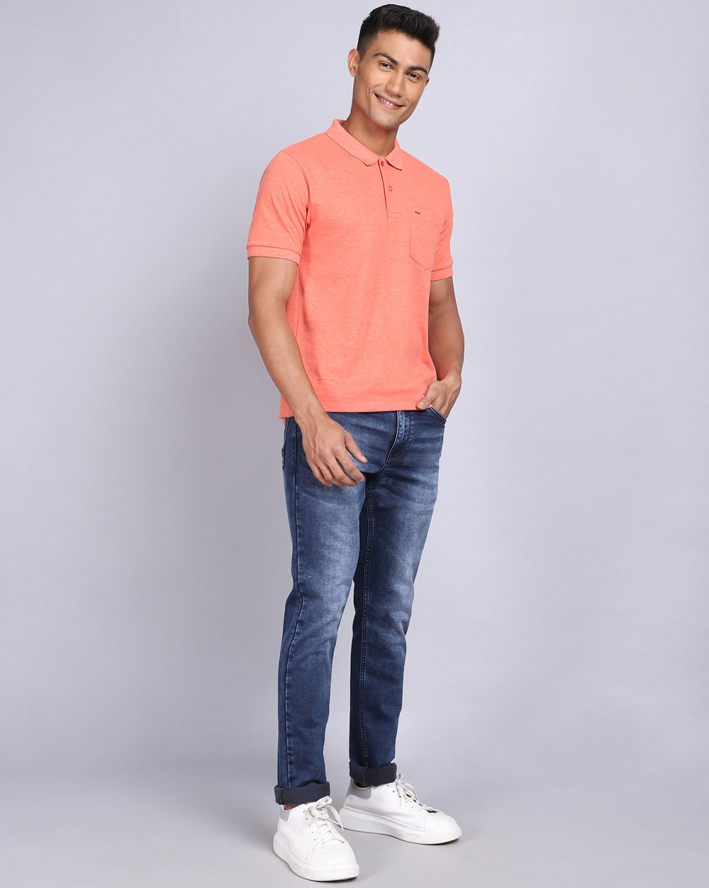 Regular Fit 2 Button Polo T-Shirt-Orange Melange