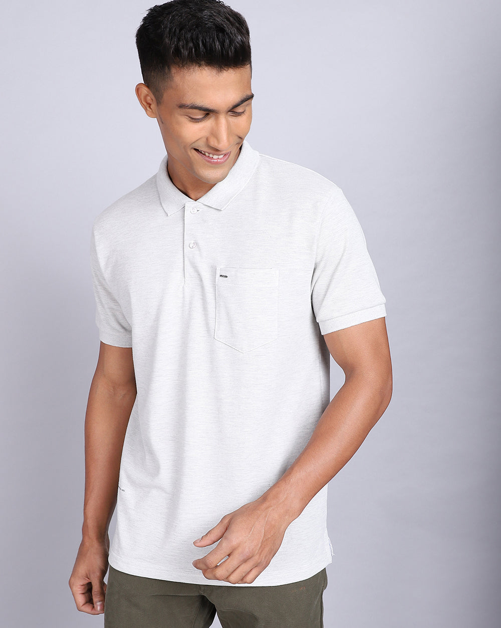 Regular Fit 2 Button Polo T-Shirt-Acru Melange