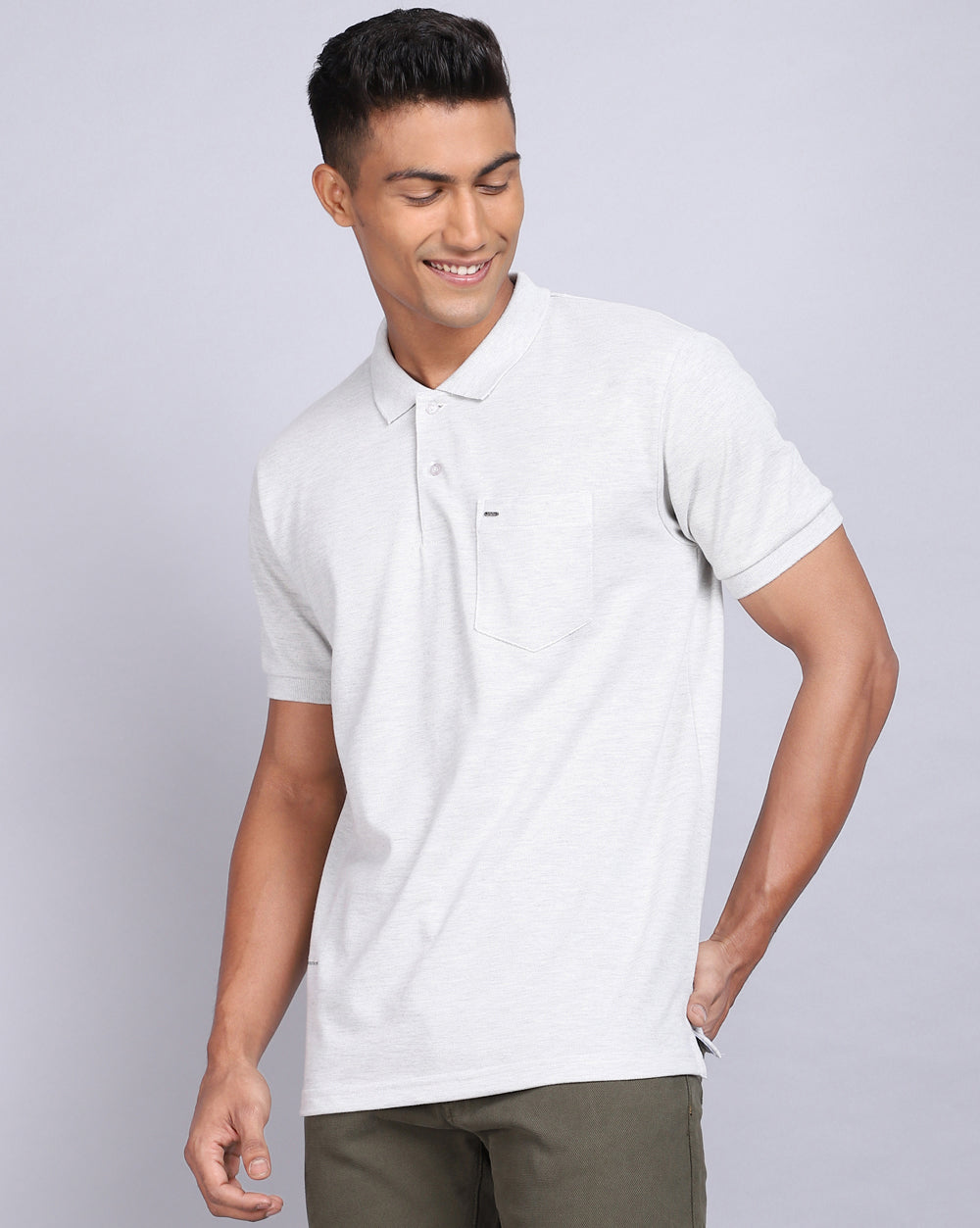 Regular Fit 2 Button Polo T-Shirt-Acru Melange