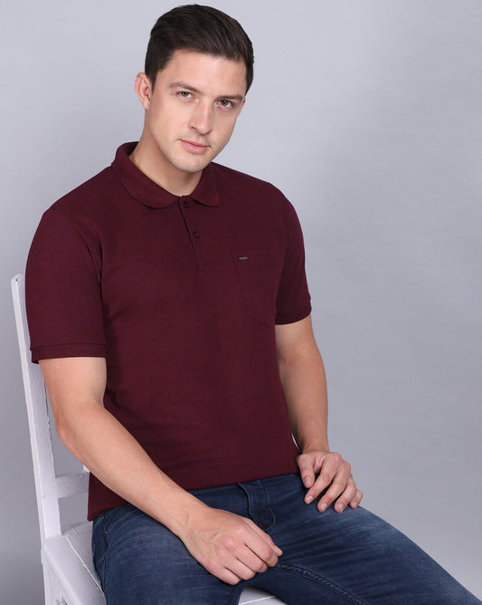 Regular Fit 2 Button Polo T-Shirt-Wine Melange