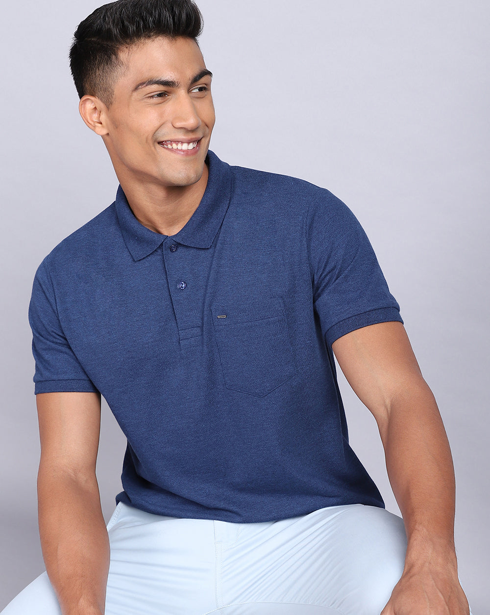 Regular Fit 2 Button Polo T-Shirt-Indigo Melange