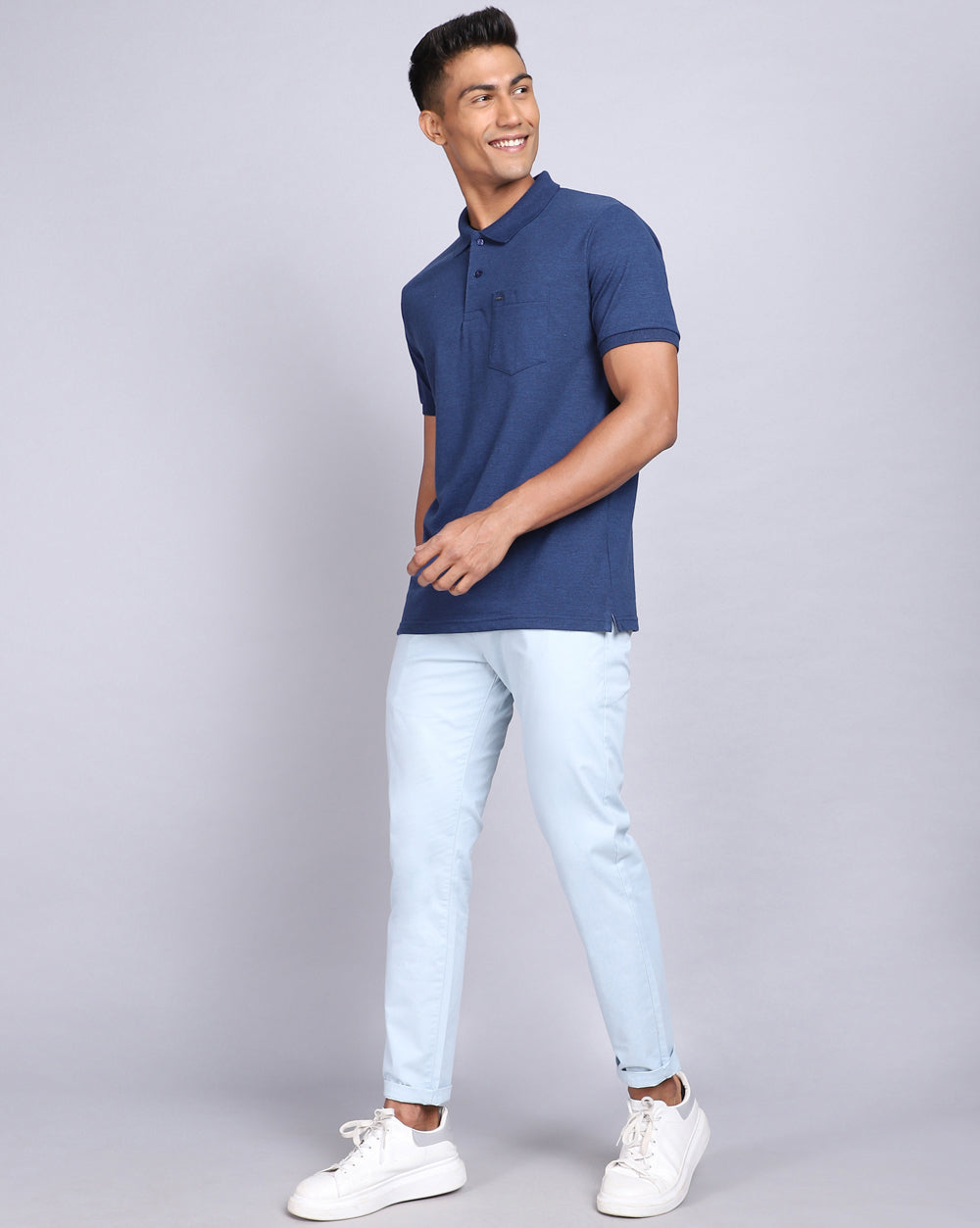 Regular Fit 2 Button Polo T-Shirt-Indigo Melange