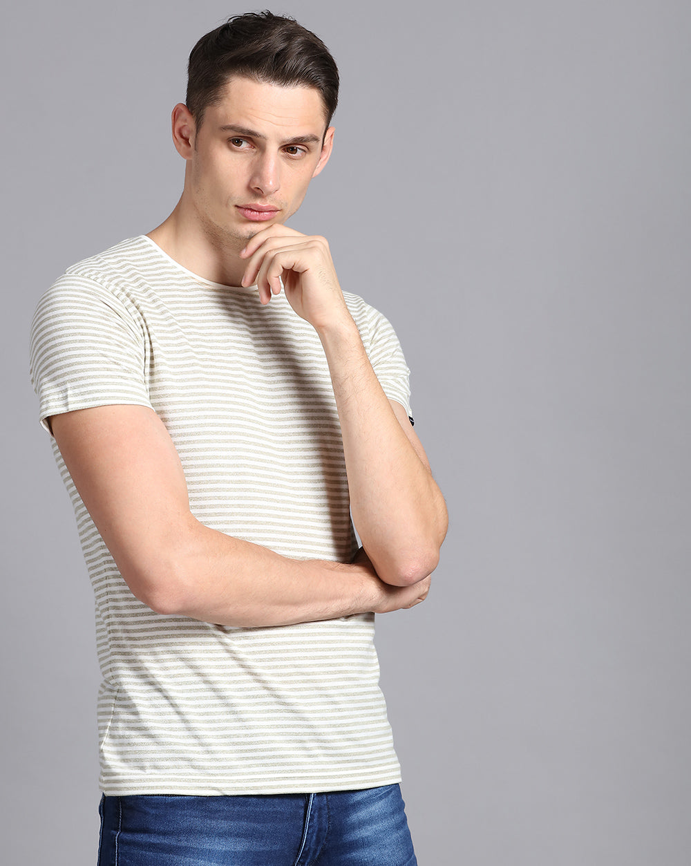 Crewneck Slim Fit Lazy Striped T-Shirt-Green