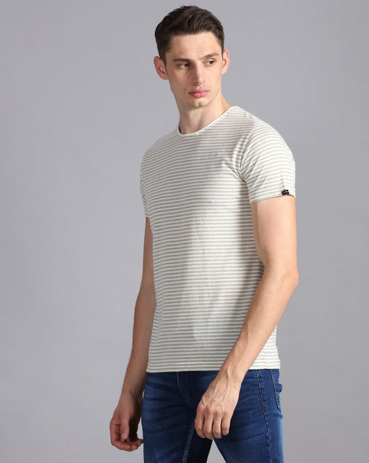 Crewneck Slim Fit Lazy Striped T-Shirt-Green