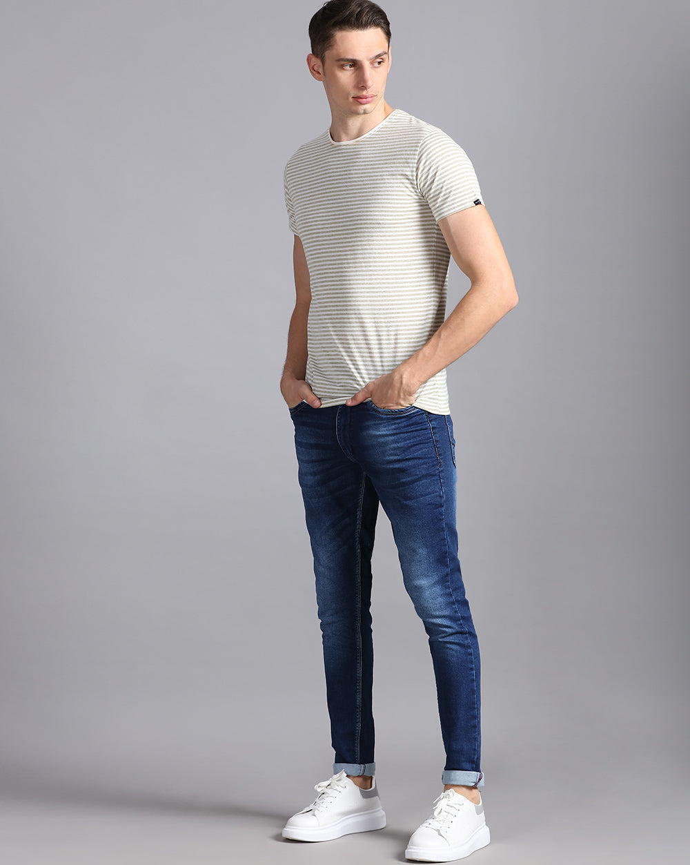 Crewneck Slim Fit Lazy Striped T-Shirt-Green