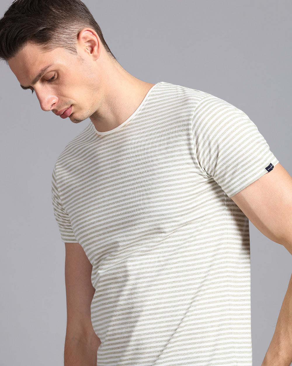 Crewneck Slim Fit Lazy Striped T-Shirt-Green