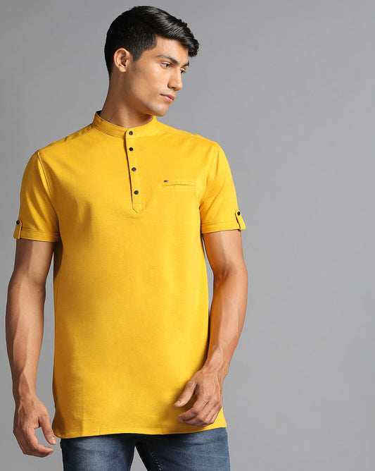 Solid Knit Casual Kurta-Yellow