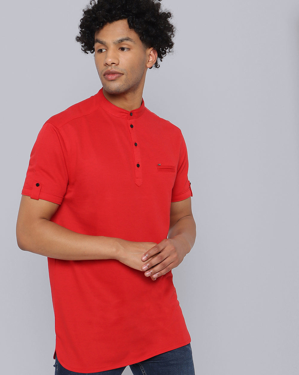 Solid Knit Casual Kurta-Red