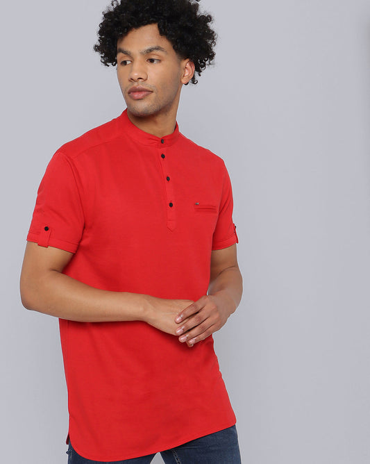 Solid Knit Casual Kurta-Red