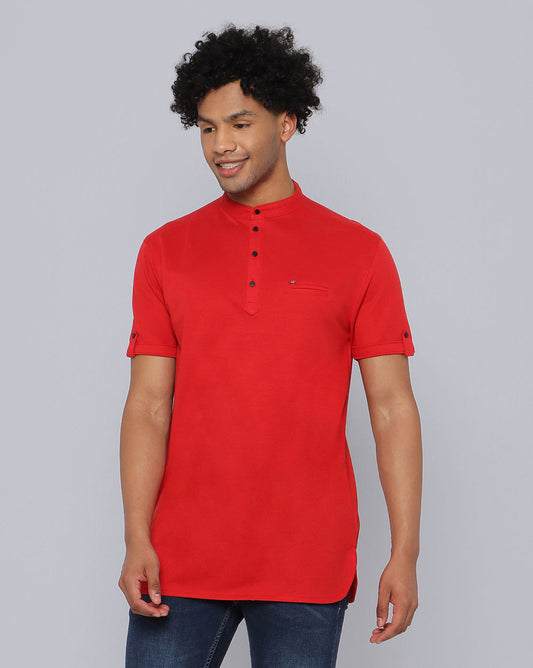 Solid Knit Casual Kurta-Red