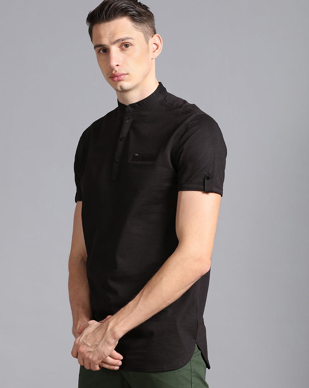 Solid Knit Casual Kurta-Black