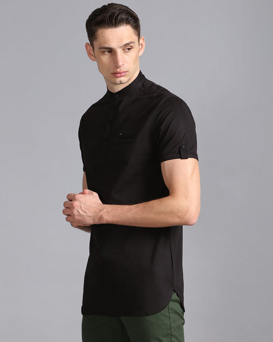 Solid Knit Casual Kurta-Black