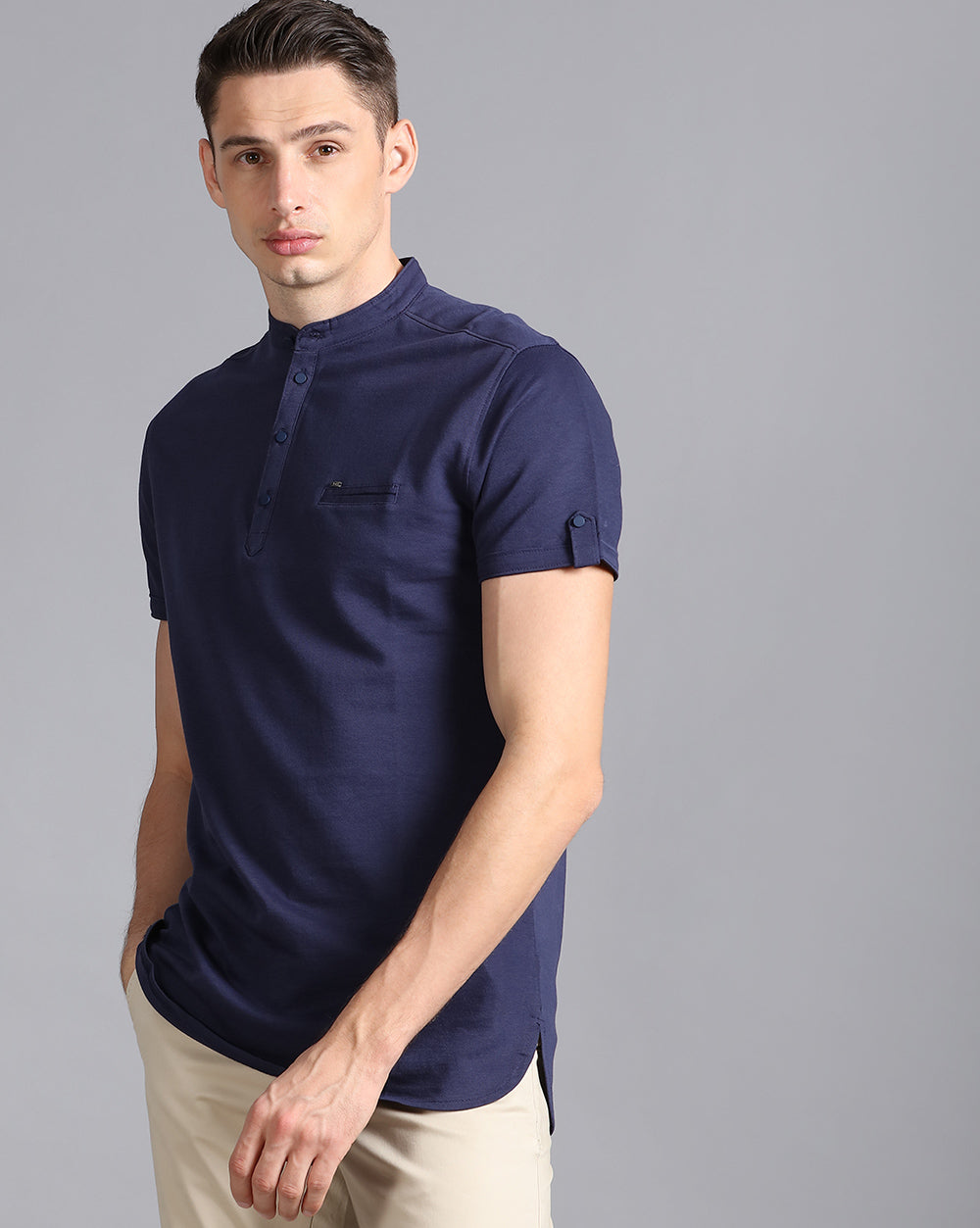 Solid Knit Casual Kurta-Navy