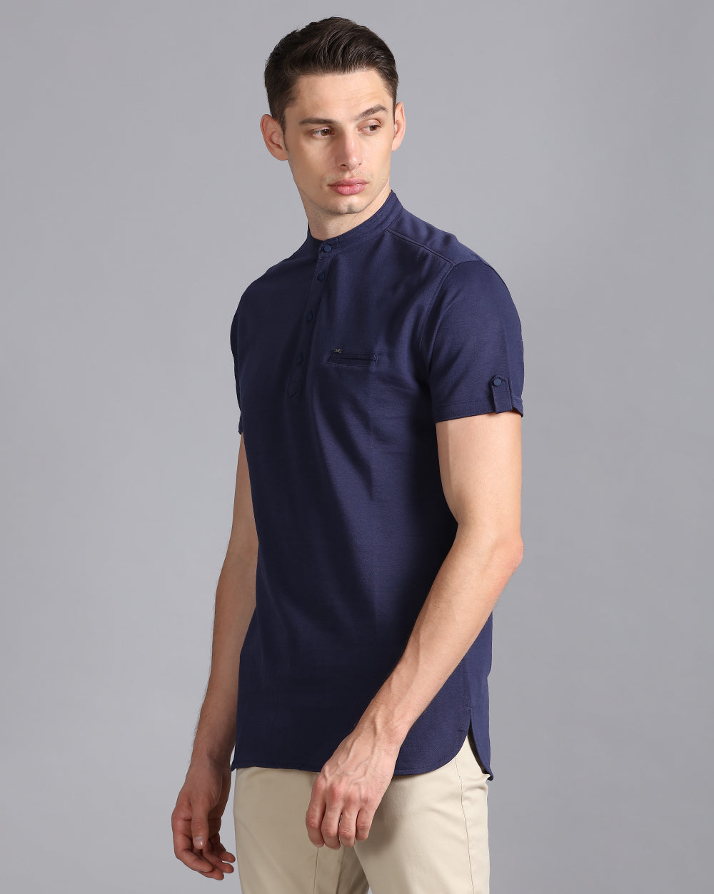 Solid Knit Casual Kurta-Navy