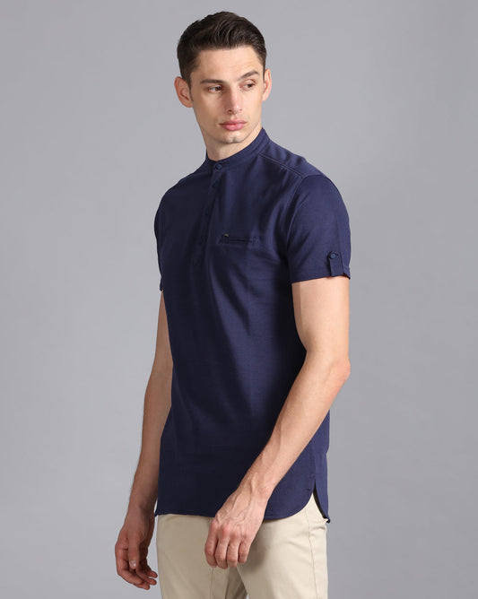 Solid Knit Casual Kurta-Navy