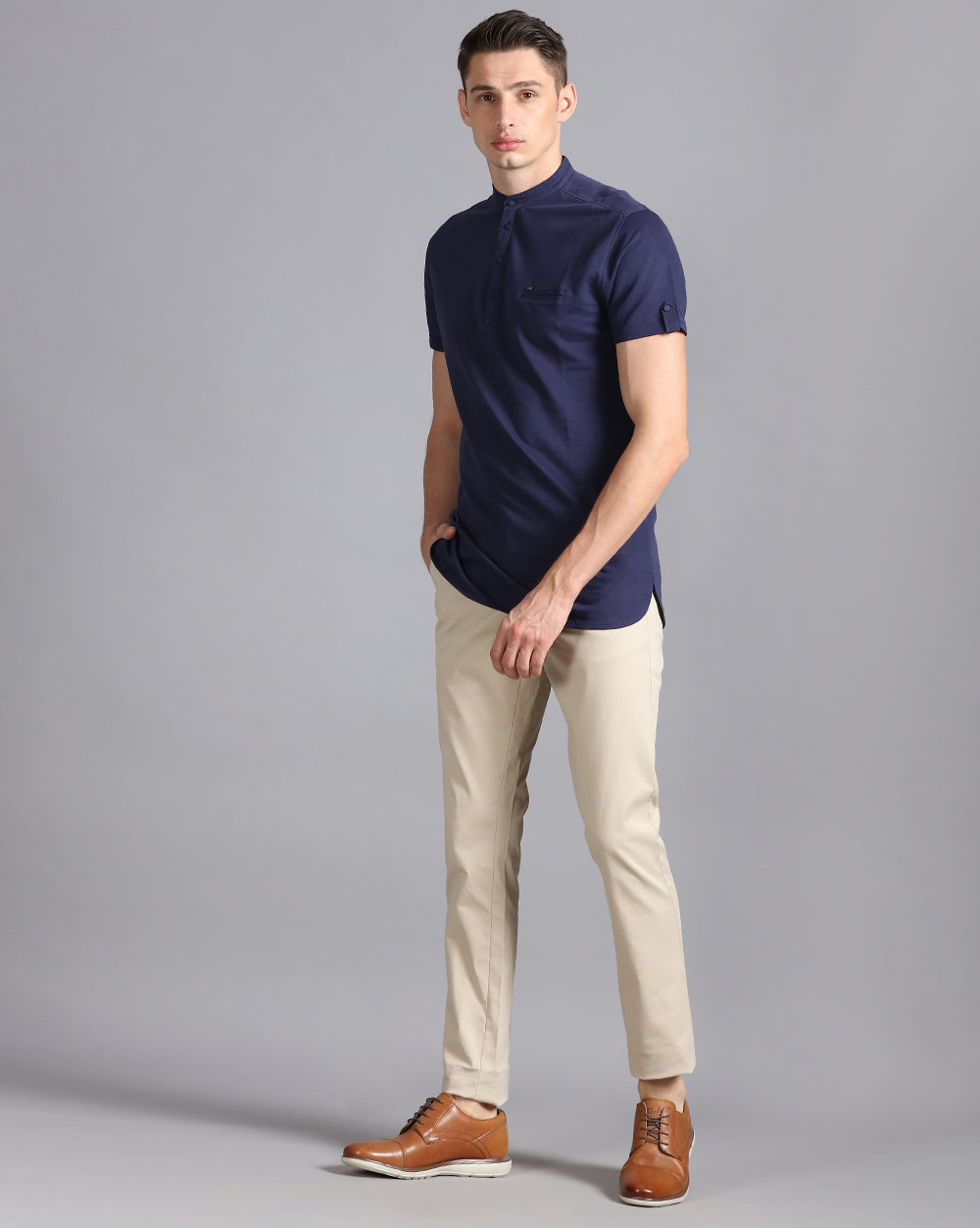 Solid Knit Casual Kurta-Navy