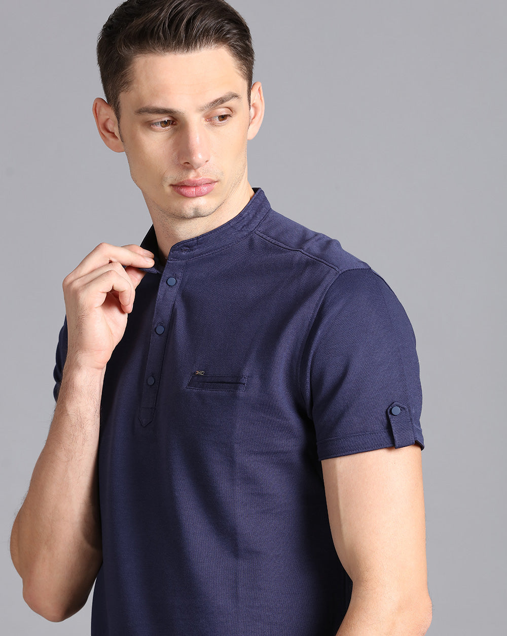 Solid Knit Casual Kurta-Navy