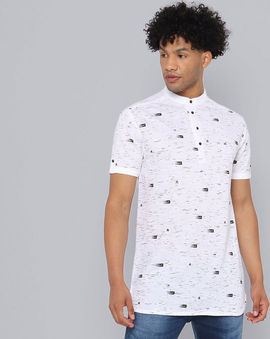 Printed Knit Casual Kurta-White
